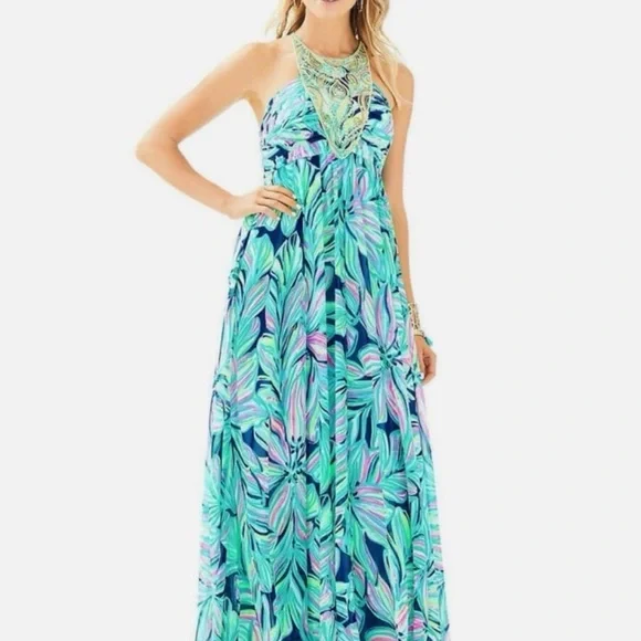 Lilly Pulitzer Lanette High Tide Navy Dancing Lady with Gold Beads and Stitch.